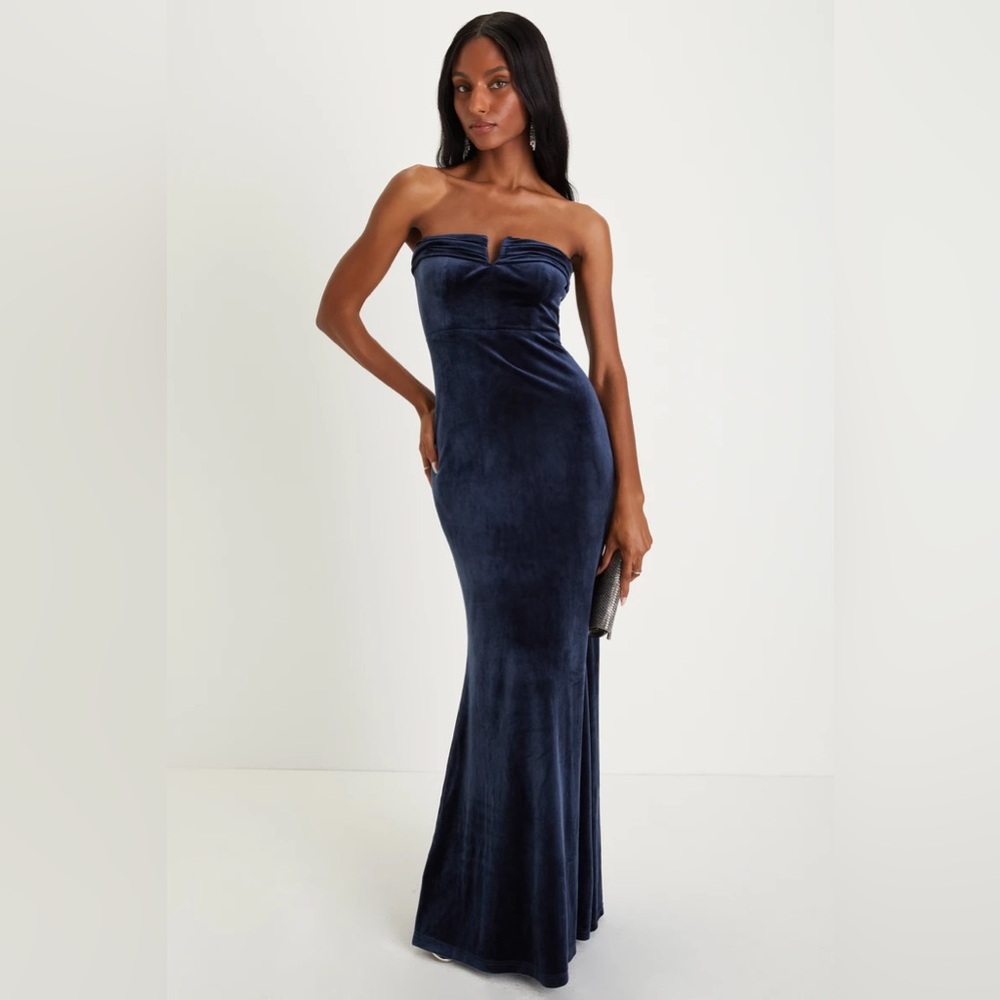 Lulus Definite Drama Midnight Blue Velvet Strapless Maxi Dress Medium